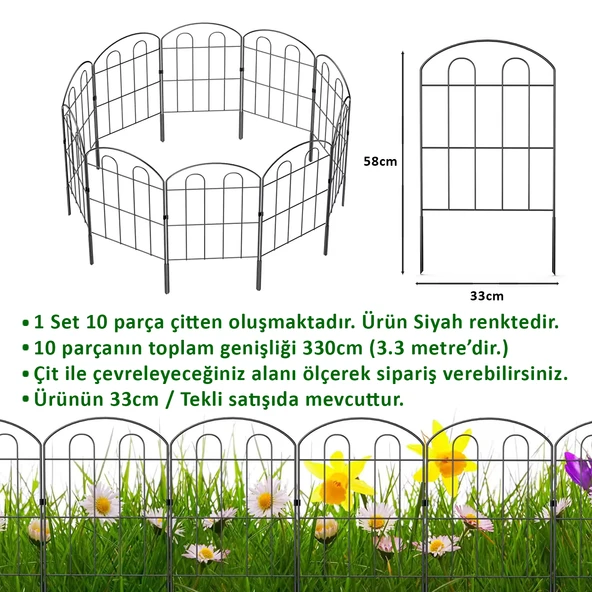 DEKORATİF BAHÇE ÇİTİ 10'LU SET 330CM MODEL - 1 SİYAH HOBİ BAHÇESİ, ÇİÇEK, SEBZE, MİNİ BAHÇE - 2