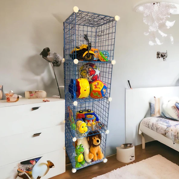4 Bölmeli Tel Küp Çok Amaçlı Organizer Raf Mavi 33cm Mutfak, Oyuncak, Kiler, Depolama Rafı - 4