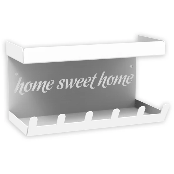 HOME SWEET HOME Duvara Monte Raflı ve 6 Kancalı Anahtarlık Askılık - Beyaz - 13