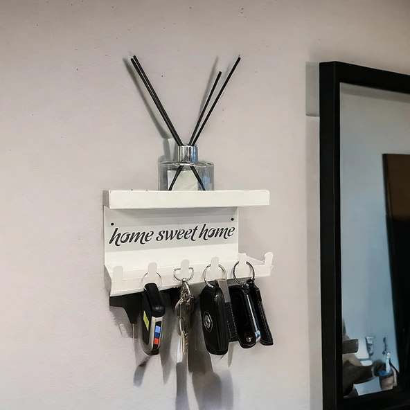 HOME SWEET HOME Duvara Monte Raflı ve 6 Kancalı Anahtarlık Askılık - Beyaz - 15