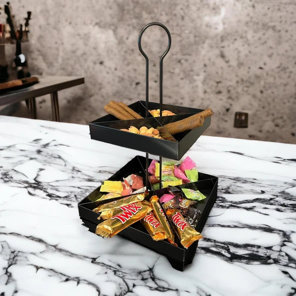 2 Katlı Dekoratif Siyah Metal Çerezlik / Peynir Sunum Servis Tabağı - Lokumluk / Makaron, Pankek ve Tatlı Sunumu İçin - 2