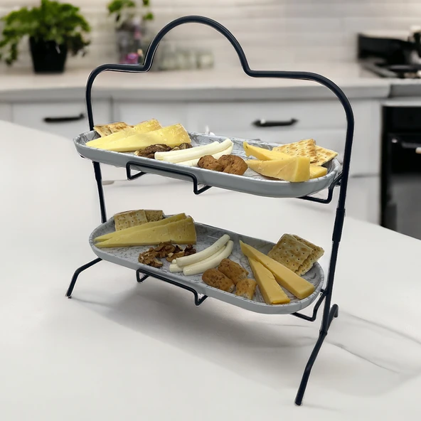 2 Katlı Beyaz Gümüş Zemin Mermer Desenli Melamin 13x32cm Metal Sunum Standı – İkram ve Servis İçin Model 1 Siyah - 12