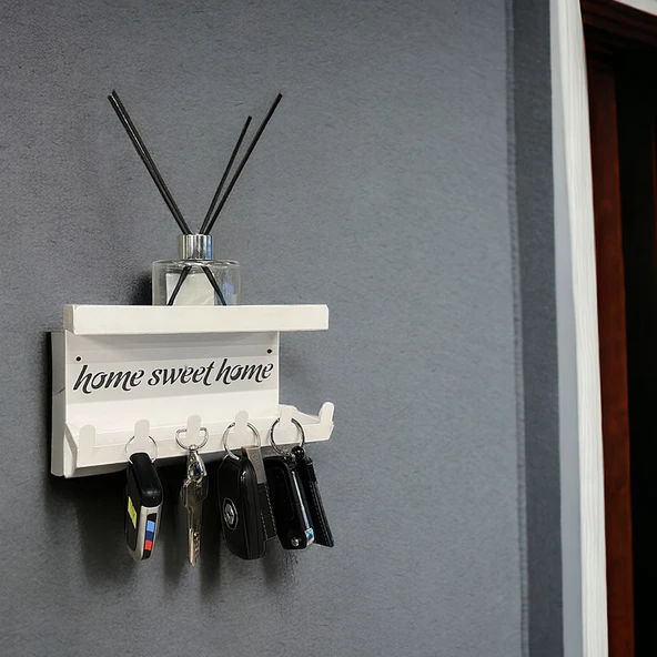 HOME SWEET HOME Duvara Monte Raflı ve 6 Kancalı Anahtarlık Askılık - Beyaz - 18