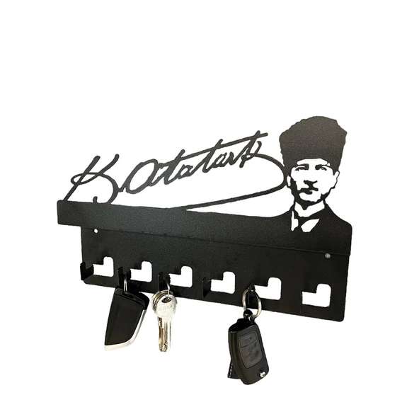 Atatürk Tasarımlı Duvar Askılı Anahtarlık ve Mektup Rafı Model-1 - Siyah - 9