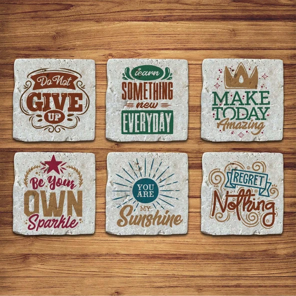 Doğal Taş Bardak Altlığı 6'lı Telli Model B (Quotes Tema)