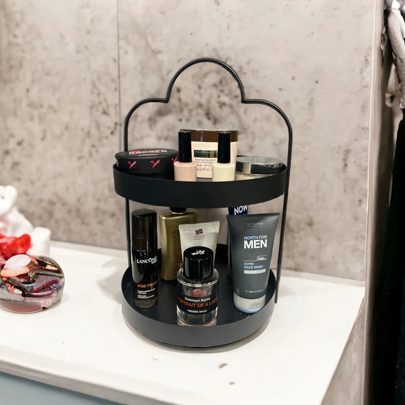 24 cm Yuvarlak Siyah İki Katlı Banyo Mutfak Makyaj Organizer Rafı Model 1 - 7