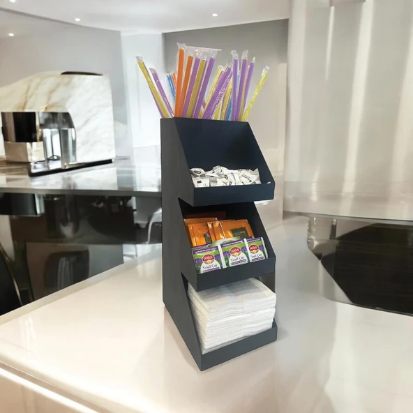 3 Katlı 5 Bölmeli Metal Pipet, Peçetelik, Şekerlik Siyah Organizer Stand Model - 3 - 3