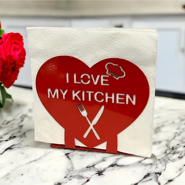 "I LOVE MY KITCHEN" Temalı Metal Peçetelik Kırmızı Kalp Şeklinde