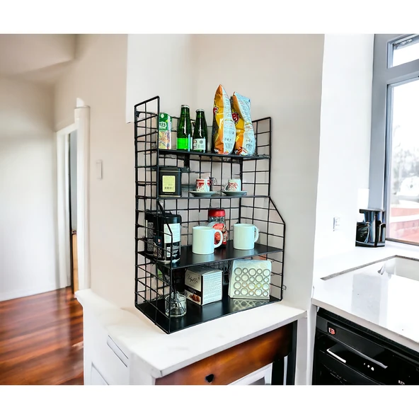 Modern Tasarım 4 Katlı Siyah Duvara Monte Dekoratif Raf - 11