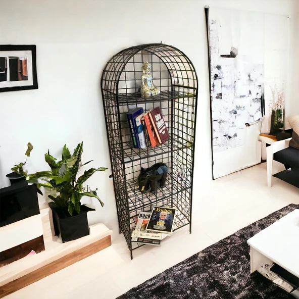 Modern Dekoratif Tel Metal Kitaplık & Çiçeklik Raf - Siyah - 8