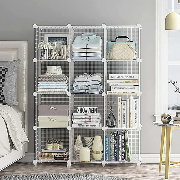 12 Bölmeli Tel Küp Çok Amaçlı Organizer Raf Beyaz 33cm Mutfak, Oyuncak, Kiler, Depolama Rafı - 2