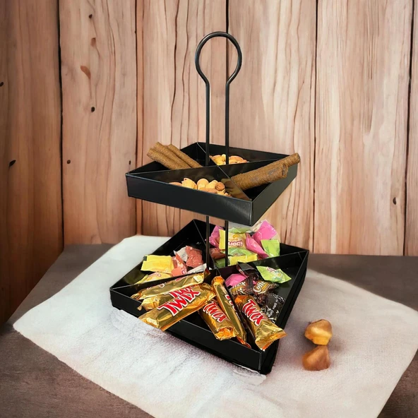 2 Katlı Dekoratif Siyah Metal Çerezlik / Peynir Sunum Servis Tabağı - Lokumluk / Makaron, Pankek ve Tatlı Sunumu İçin - 6