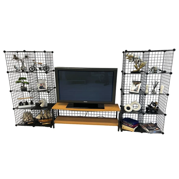 Bambu Ahşap ve Metal Detaylı TV Ünitesi & Sekizli Tel Küp Raf Sistemi - Modern Tasarım Model-1 - 9