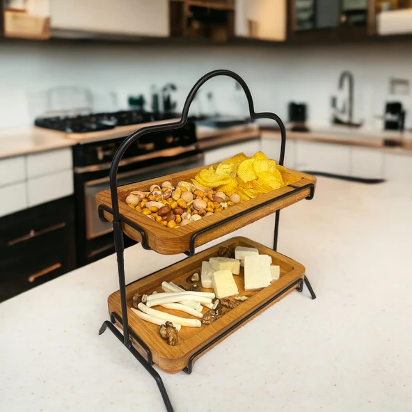 2 Katlı Ahşap Zeminliı 15x27cm Metal Standlı Ahşap Sunum Standı – İkram ve Servis İçin Model 1 Siyah