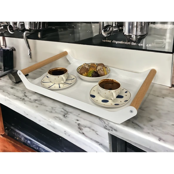 AHŞAP SAPLI 40X25 DEKORATİF METAL TEPSİ BEYAZ, SUNUM, DEKORATİF TEPSİ - 6