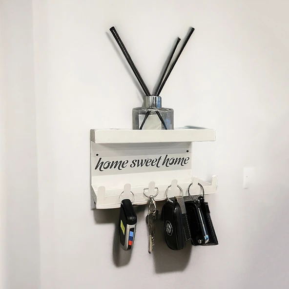 HOME SWEET HOME Duvara Monte Raflı ve 6 Kancalı Anahtarlık Askılık - Beyaz