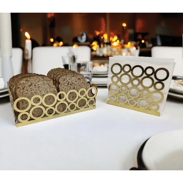 Gold Renk 2'li Set Ekmek Sepeti ve Peçetelik