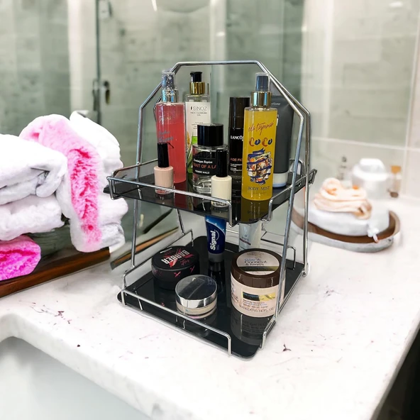 2 Katlı Üçgen Siyah Metal Banyo, Mutfak, Makyaj Organizatörü - Model 3