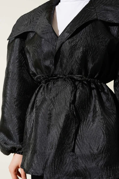 Bel Lastikli Balon Kol Jakar Ceket Siyah - Resim 4