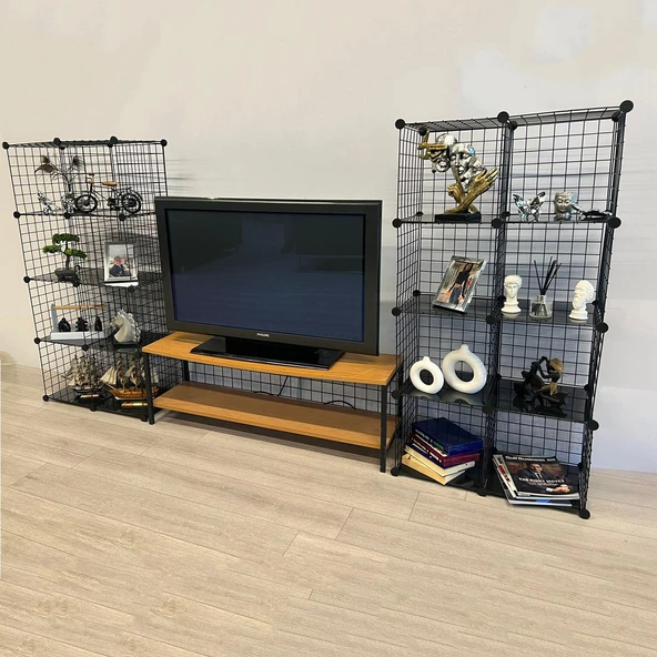 Bambu Ahşap ve Metal Detaylı TV Ünitesi & Sekizli Tel Küp Raf Sistemi - Modern Tasarım Model-1 - 10