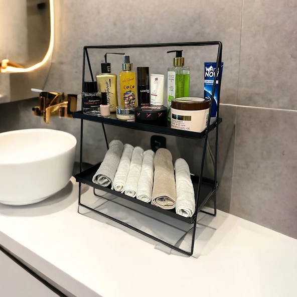 2 Katlı Üçgen Siyah Metal Banyo, Mutfak, Makyaj Organizatörü - Model 2