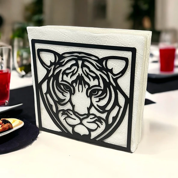 Kaplan Temalı Siyah Metal Peçetelik - 3