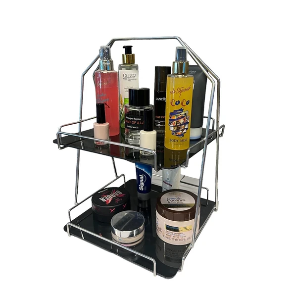 2 Katlı Üçgen Siyah Metal Banyo, Mutfak, Makyaj Organizatörü - Model 3 - 5