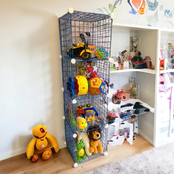 4 Bölmeli Tel Küp Çok Amaçlı Organizer Raf Mavi 33cm Mutfak, Oyuncak, Kiler, Depolama Rafı - 9