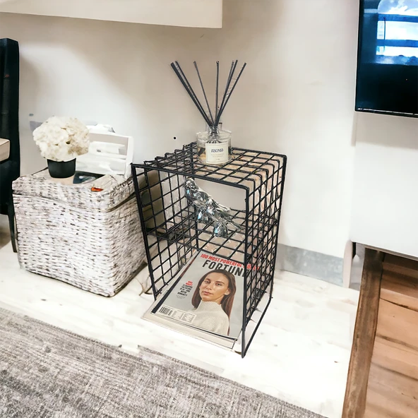 İskandinav Tarzı Siyah Metal Hasır Tel Sehpa - 9