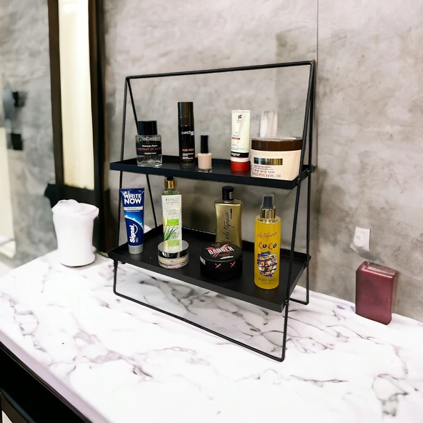 2 Katlı Üçgen Siyah Metal Banyo, Mutfak, Makyaj Organizatörü - Model 2 - 3