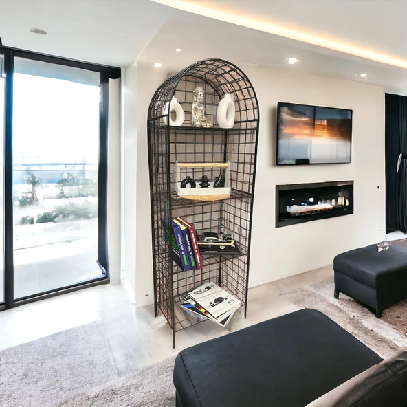 Modern Dekoratif Tel Metal Kitaplık & Çiçeklik Raf - Siyah - 7