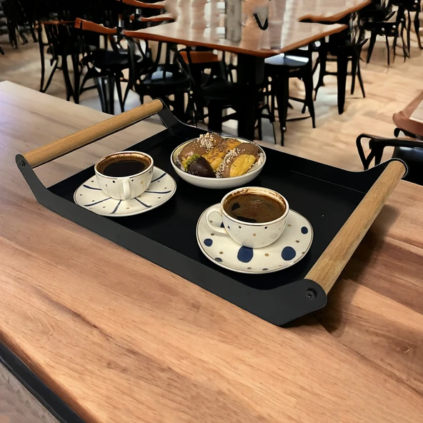 AHŞAP SAPLI 40X25 DEKORATİF METAL TEPSİ SİYAH, SUNUM, DEKORATİF TEPSİ