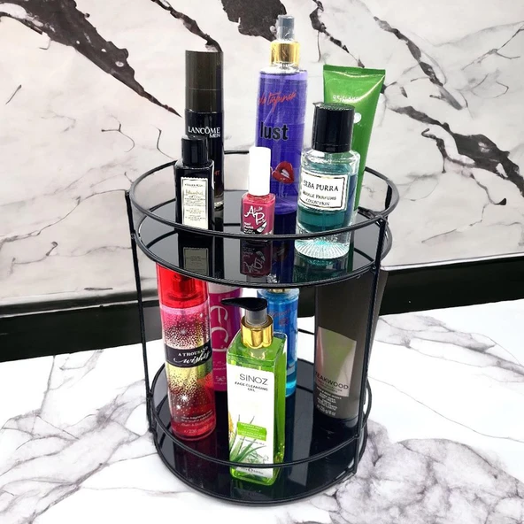 2 Katlı Banyo, Kozmetik Düzenleyici, Takı Standı, Organizer ve Çok Amaçlı Servis Sunum Tepsisi, İkramlık 23CM SİYAH