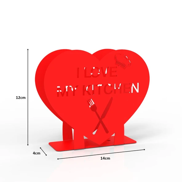 "I LOVE MY KITCHEN" Temalı Metal Peçetelik Kırmızı Kalp Şeklinde - 3