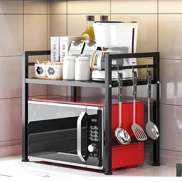 Ev Düzeni Uzmanı Siyah Mikrodalga Fırın ve Mutfak Rafı – Tezgahüstü Modern Organizer - 2