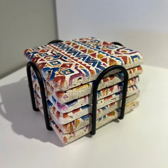 Doğal Taş Bardak Altlığı 6'lı Telli Model D (Boho Tema) - 3