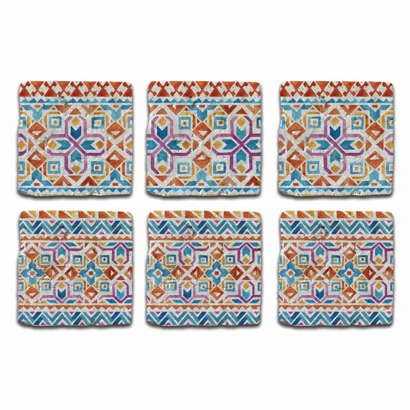 Doğal Taş Bardak Altlığı 6'lı Telli Model D (Boho Tema) - 2