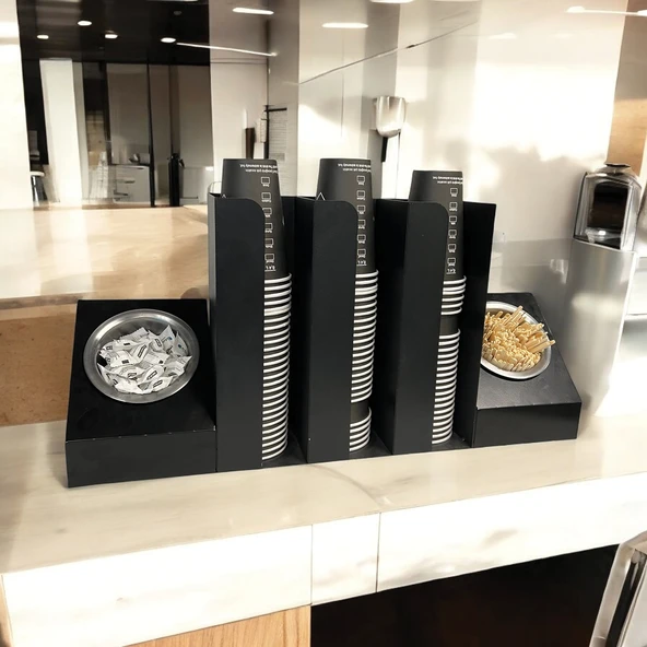 3 Bölmeli Karton Bardaklık ve 2' li Tek yuvalı Karistirici ve Şeker Endüstriyel Mutfak Kahve Aksesuar Düzenleyici Siyah Çok Bölmeli Kafe/Ofis Kahve Standı - 4