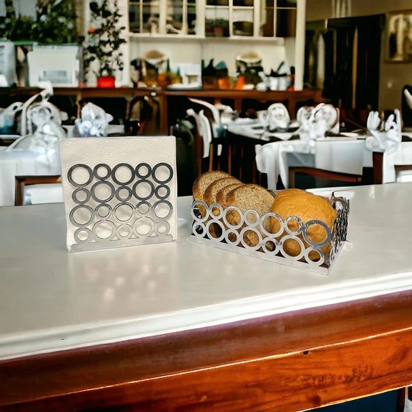 Gümüş Renk 2'li Set Ekmek Sepeti ve Peçetelik - 12