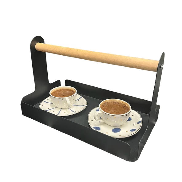 Ahşap Saplı 30x17cm Siyah Metal Servis, Sunum, Dekoratif Tepsi - 5