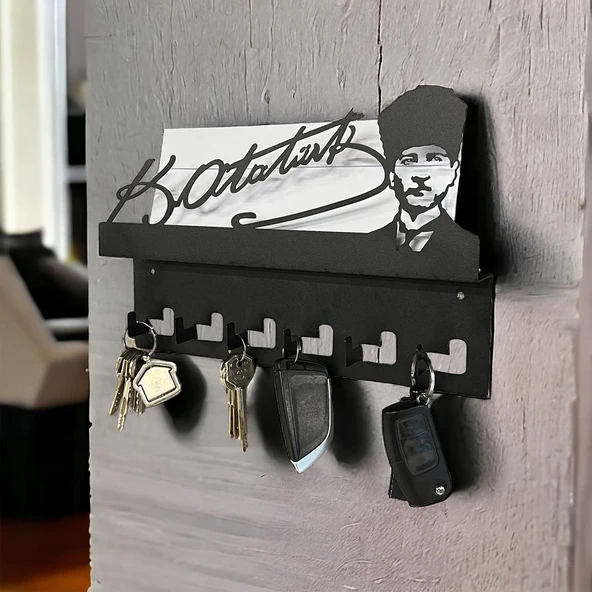 Atatürk Tasarımlı Duvar Askılı Anahtarlık ve Mektup Rafı Model-1 - Siyah - 5