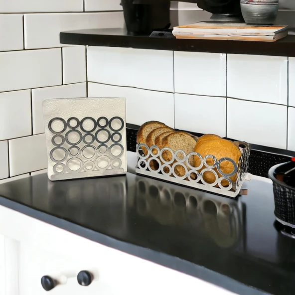 Gümüş Renk 2'li Set Ekmek Sepeti ve Peçetelik - 9