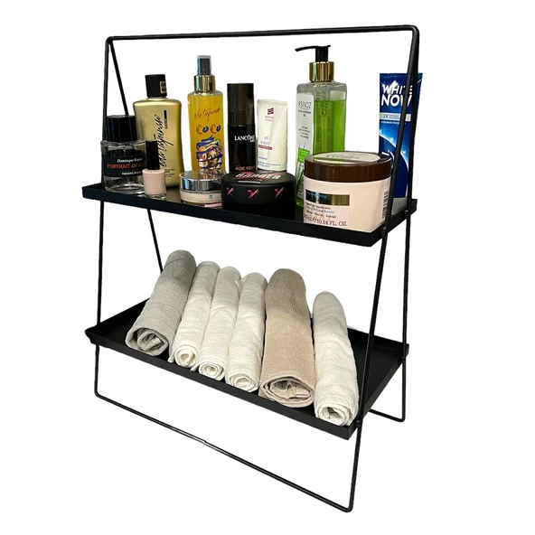 2 Katlı Üçgen Siyah Metal Banyo, Mutfak, Makyaj Organizatörü - Model 2 - 6