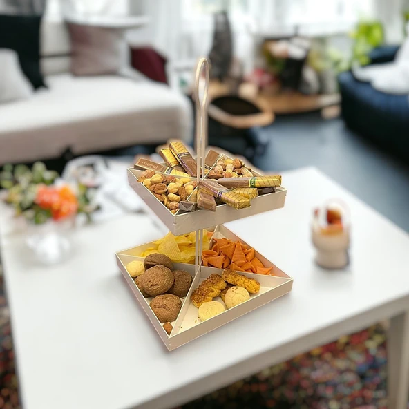 2 Katlı Dekoratif Beyaz Metal Çerezlik / Peynir Sunum Servis Tabağı - Lokumluk / Makaron, Pankek ve Tatlı Sunumu İçin - 5