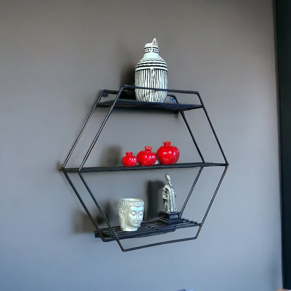 Modern Dekoratif Siyah Altıgen Duvar Rafı - 6
