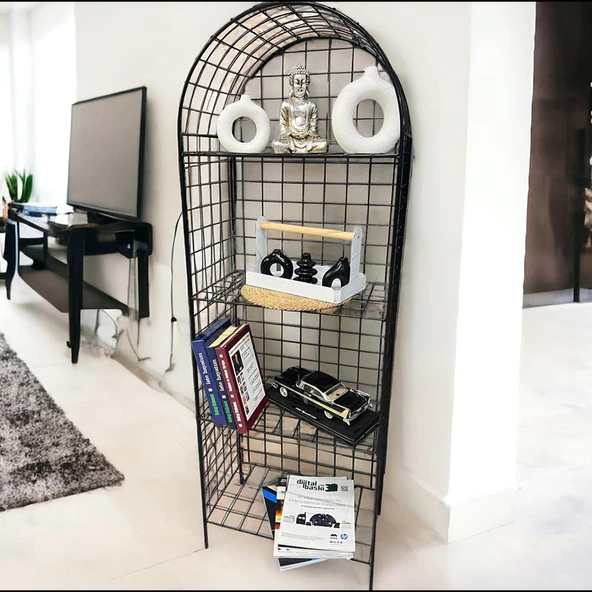 Modern Dekoratif Tel Metal Kitaplık & Çiçeklik Raf - Siyah - 2