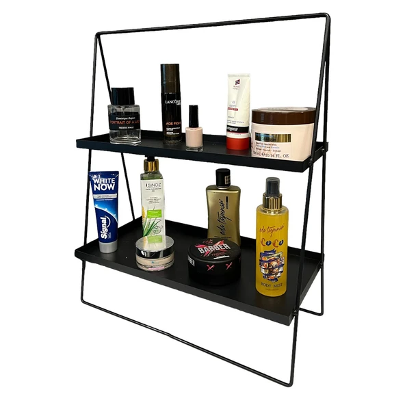 2 Katlı Üçgen Siyah Metal Banyo, Mutfak, Makyaj Organizatörü - Model 2 - 4