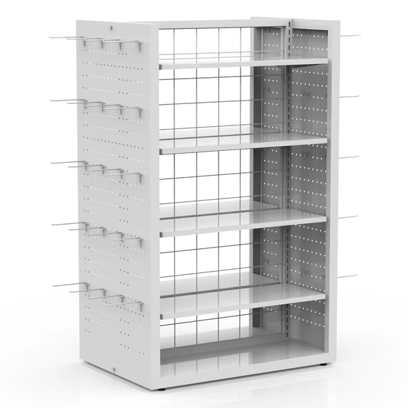 80X60 Çift Taraflı Metal Beyaz Stand Metal Raflı Ve Yan Modüllü Kancalı Set