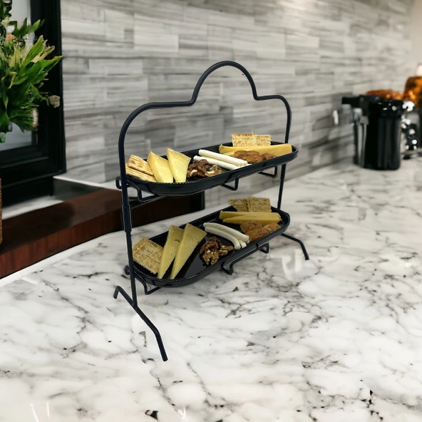 2 Katlı Siyah Melamin 13x32cm Metal Sunum Standı – İkram ve Servis İçin Model 1 Siyah - 10