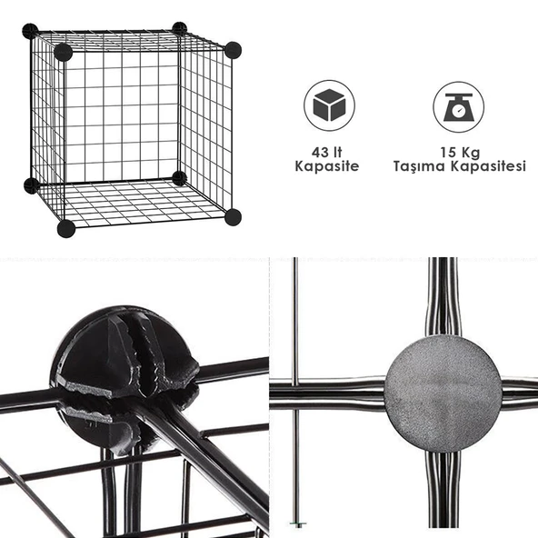 8 Bölmeli Tel Küp Çok Amaçlı Organizer Raf Siyah 33cm Mutfak, Oyuncak, Kiler, Depolama Rafı - 6